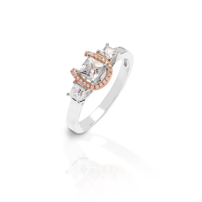 Kelly Herd Small Princess Cut Three Stone Horseshoe Ring with Rose Gold Plated Horseshoe - Sterling Silver