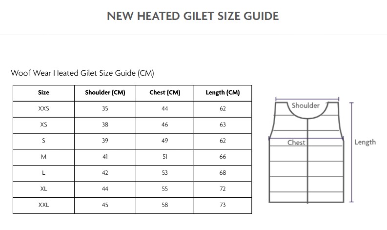 Woof Wear Heated Vest Size Guide